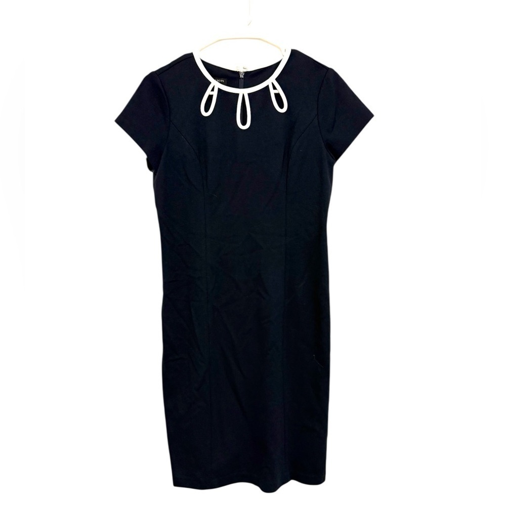 Talbots Petite 2P Navy Blue Sheath Dress Ivory Cutout Neckline Career